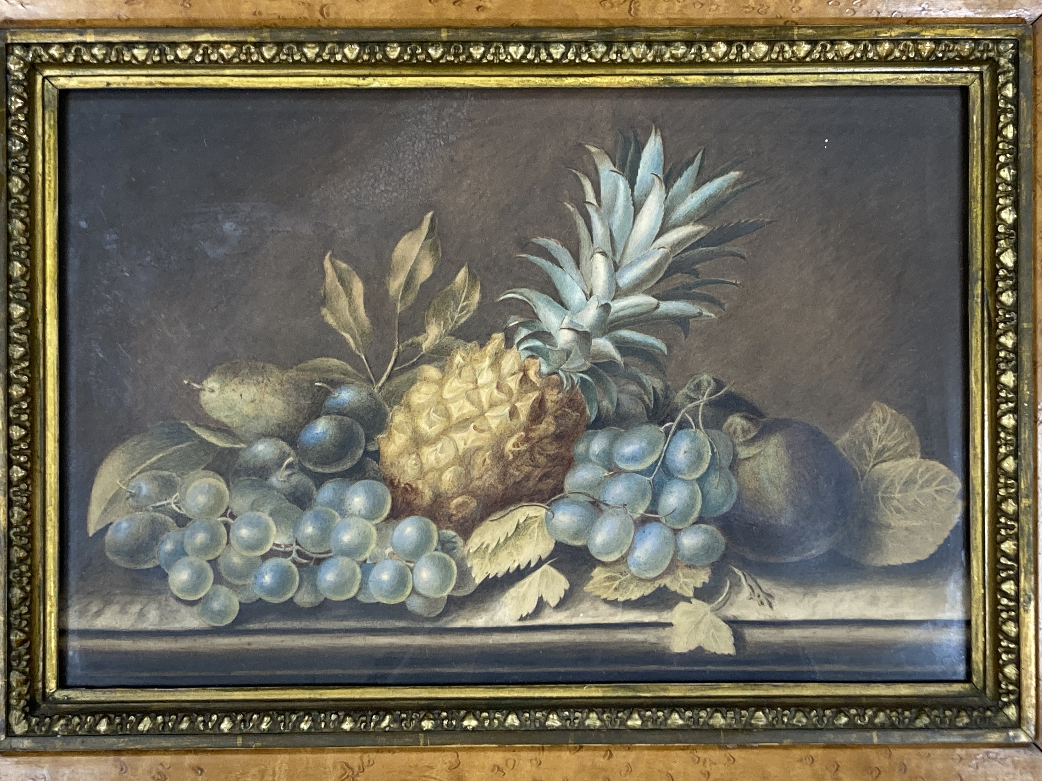 Victorian School, pair of watercolours, Still lifes of fruit upon ledges, 28 x 42cm, maple framed